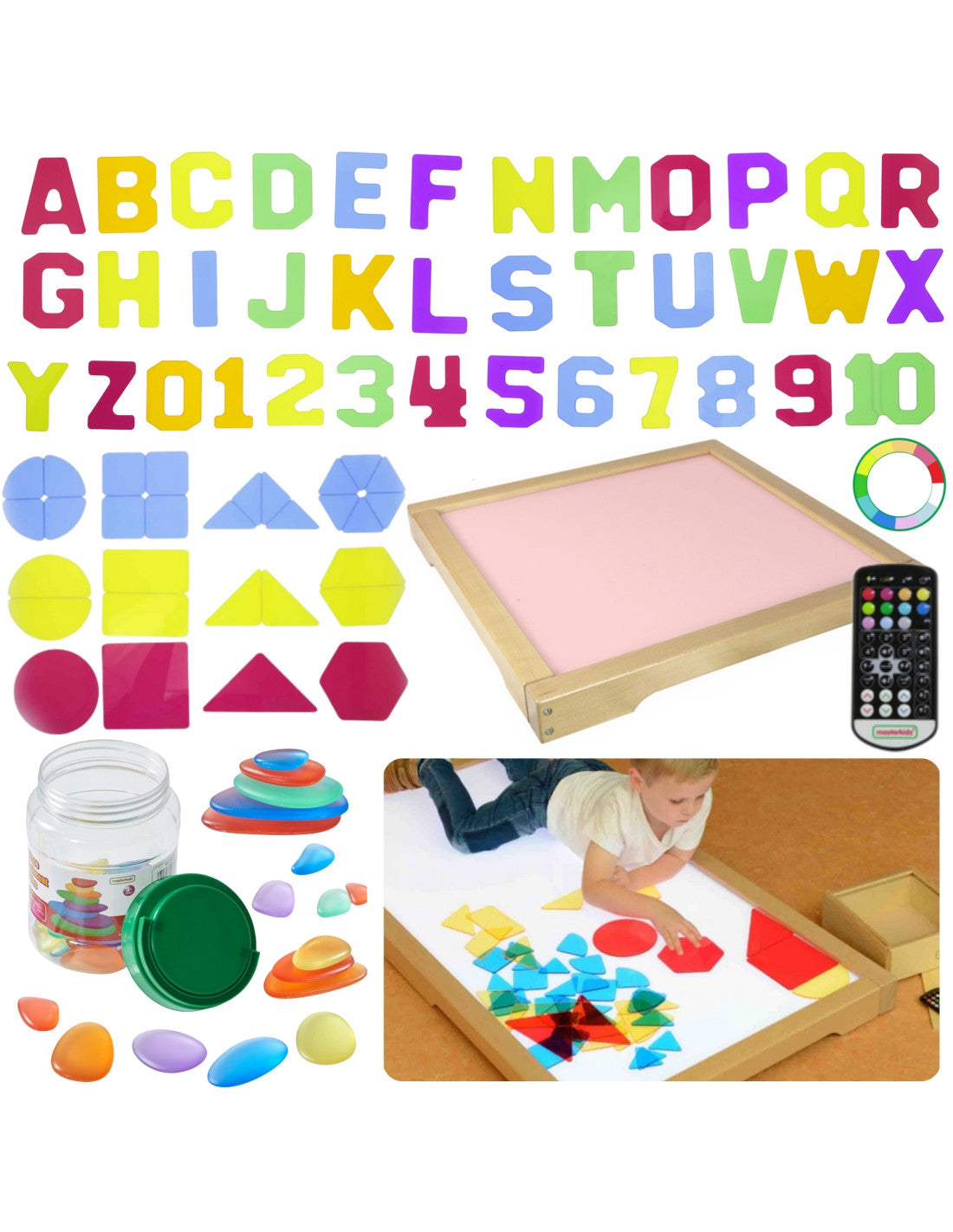 Masterkidz LED šviesos panelė, keičianti spalvas su nuotolinio valdymo pultu + Montessori mozaikos blokai (140 vnt.)